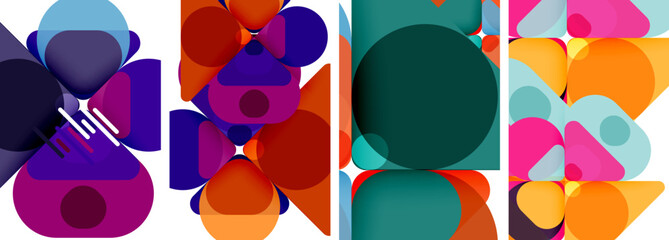 Aufkleber - A vibrant textile product showcasing a variety of colorful geometric shapes on a white background. The design features electric blue circles, rectangles, and petals in a symmetrical pattern