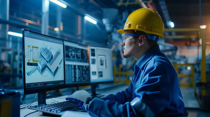 Poster - a man with a beard is working on a computer. he is typing on a keyboard and looking at the screens. 