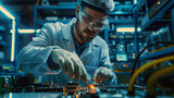 Fototapeta  - A man in a shirt is working on a computer. He is wearing glasses and he is focused on his task