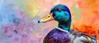 Vibrant painting depicting a duck with a multicolored background, showcasing hues of green, blue, red, and yellow