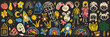 © Marharyta - Kids chalk drawings big set. Collection freehand child baby drawn elements: sun, tree, boy, girl, bear, rabbit, flower, rocket. Hand drawing scribble. Vector illustration isolated on black background