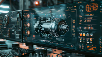 Poster - A computer monitor displays a futuristic engine design. Concept of innovation and technological advancement