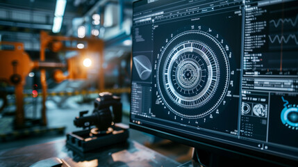 Poster - A computer monitor displays a complex graph with many numbers and lines. Concept of complexity and technicality, as well as the importance of data analysis and interpretation in modern society