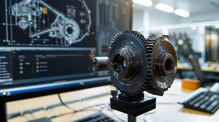 Poster - A computer monitor displays a futuristic engine design. Concept of innovation and technological advancement