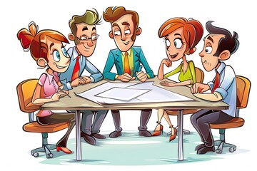 Cartoon Illustration. Team thinking about business strategy, isolated on white