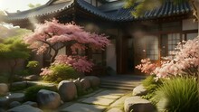 The Atmosphere Of A Traditional Japanese Villa Courtyard With A Flower Garden. Seamless 4K Looping Virtual Video