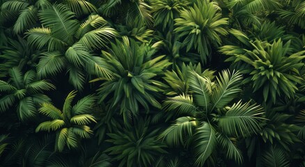  A lush and dense dark green palm tree canopy with vibrant leaves stands against a deep black background.