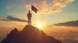 Silhouette of person with flag on mountain top over sky and sunlight background at sunset AI generated