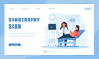 Sonography scan. Landing page template. Female doctor doing fetus screening to future mother. Pregnant arab girl with belly doing ultrasound diagnostic. Embryo health. Cartoon vector illustration.