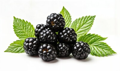 Wall Mural - Blackberries and Leaves on White Background