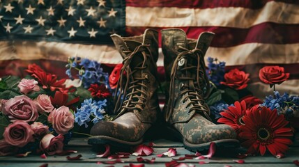 Wall Mural - A solemn image of military boots placed reverently beside an American flag and a bouquet of red, white, and blue flowers, honoring the memory of fallen soldiers on Veteran's Day. 