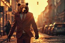 Man In Suit And Tie With Bear Head Walking In City, An Event Of Fiction And Art