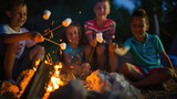 Fototapeta Kuchnia - Children roasting marshmallows over a campfire at summer camp