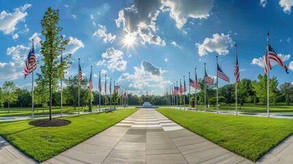 Wall Mural - A sweeping panorama capturing the grandeur of a U.S. flag memorial, with flags arranged in perfect symmetry around a central monument. 
