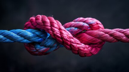 Wall Mural - A red rope with two colors of blue and pink intertwined in the center, symbolizing strength or unity on a dark background. The colors are intertwined in the style of no particular artist. 