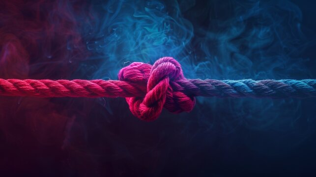 A red rope with two colorful loose ends tied together in the center, symbolizing strength and unity on a dark background. The central knot is made of thick pink yarn that contrasts against the darker 