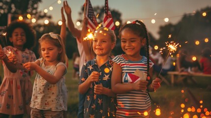 Wall Mural - A group of children holding sparklers and waving American flags as they watch the sunset together at the Memorial Day picnic, ending the day with a sense of unity and gratitude.