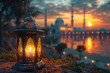 A beautifully crafted lantern glowing with warm light, set against the backdrop of an ancient mosque at sunset, symbolizing Ramadan's spiritual enlightenment and reflection. Created with Ai
