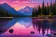 Mountain lake with trees and rocks, a captivating scene with blue and pink gradient sky, hues of lavender.