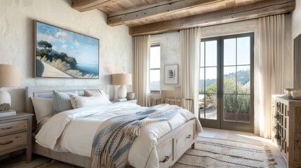 Wall Mural - The bedroom is a tranquil oasis with its whitewashed walls and ceiling accented with wooden beams. The plush bed is dressed in crisp white linens and a cozy knit throw and the bedside .