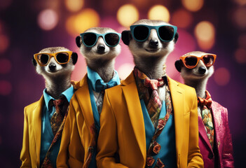 animal suricate group funny lifestyle clothing cool sunglasses clothes funky vibrant colourful superstar suit music stylish whimsical anthropomorphism style fashion fashionable outfit pose