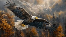 An Eagle Is Flying Over A Forest. The Eagle Is In The Foreground And The Forest Is In The Background. The Eagle Is Flying High Above The Trees. The Eagle Is Brown And White. The Forest Is Green And Ye