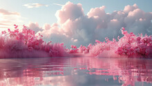 A Circular Podium On The Right, Surrounded By Clouds And Pink Flowers In An Ethereal Fantasy Style. The Sky Is A Pale Blue With Soft Sunlight Shining Through The Clouds. Created With Ai
