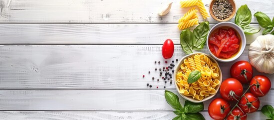 Wall Mural - Ingredients for Italian pasta arranged on a white wooden table from an overhead perspective, with space for additional content.