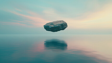 Wall Mural - Surreal view of lone floating boulder mirrored in the serene waters at dawn