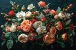A bouquet of roses, orchids and eucalyptus with an orange color palette. The flowers arranged in the center on dark background. Created with Ai
