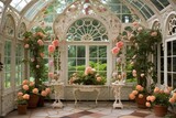 Fototapeta Uliczki - Victorian Greenhouse Conservatory Designs: Antique Plant Stands & Heirloom Roses Showcase