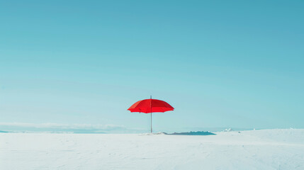 Wall Mural - A bright red umbrella hovers over a white snowy field under a bright blue sky