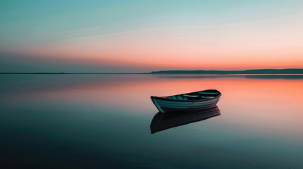 Wall Mural - A lone boat floats on calm waters under a gentle sky at sunset