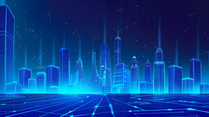 Poster - A cityscape with tall buildings and a blue sky. The city is lit up with neon lights, giving it a futuristic and vibrant feel