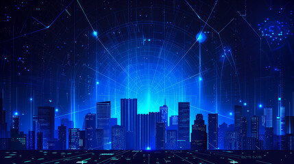 Poster - A cityscape with tall buildings and a blue sky. The city is lit up with neon lights, giving it a futuristic and vibrant feel