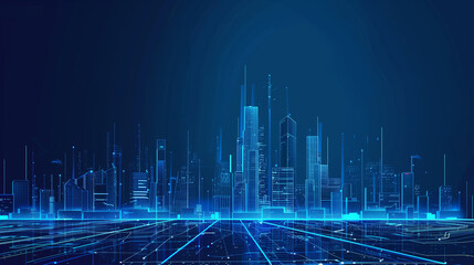 Poster - A cityscape with tall buildings and a blue sky. The city is lit up with neon lights, giving it a futuristic and vibrant feel