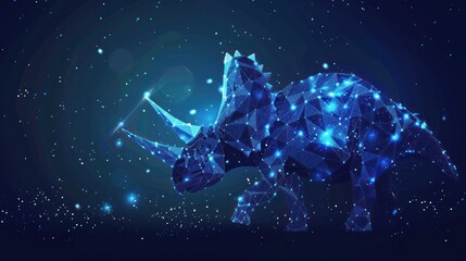 Wall Mural - Beautiful starry low poly illustration with shiny blue triceratops silhouette on the dark background AI generated