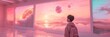 Young Adult Gazing at Cosmic Display in Modern Gallery During Sunset