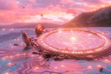 futuristic sundown over digital landscape with zodiac symbolism and cosmic elements