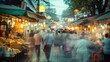 A hazy image of a bustling street market during a cultural festival showcasing vibrant colors and blurred people walking past food stalls capturing the lively spirit of the event. .