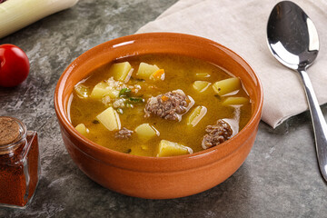 Soup with beef meatball and vegetables