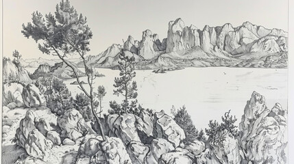 a drawing of a mountain range with a lake in the foreground. the drawing is in black and white and h