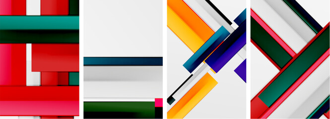 Poster - A vibrant collage of colorful geometric shapes created with rectangles, triangles, and electric blue tints and shades, forming a symmetrical pattern on a white background