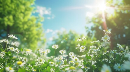 Wall Mural - Beautiful spring background nature with blooming glade chamomile, trees and blue sky on a sunny day. High Quality Image