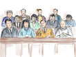 Pastel pencil pen and ink sketch illustration of a courtroom trial setting a jury of twelve 12 person juror on a court case drama in judiciary court of law and justice viewed from front.