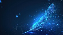 Bird Feather Pen, Writing Education Concept, From Futuristic Polygonal Blue Lines And Glowing Stars For Banner, Poster, Greeting Card. AI Generated