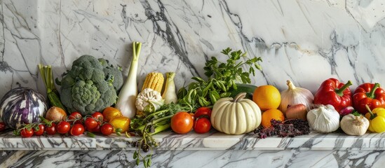 Wall Mural - Vegetables displayed against a marble backdrop