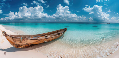 Sticker - A wooden boat sits on the white sandy beach of an exotic island, overlooking crystal clear turquoise waters and a blue sky with fluffy clouds