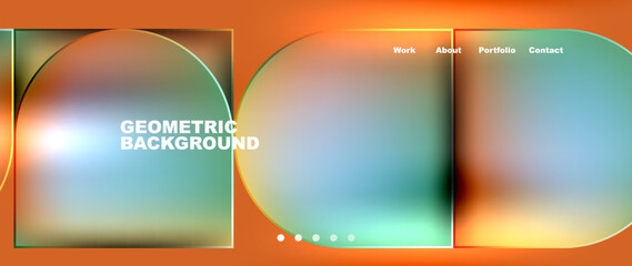 Poster - A fluid geometric background with circles and squares in liquid amber and electric blue tints on an orange backdrop, resembling automotive lighting reflections