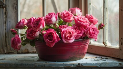 Poster - A stunning arrangement of vibrant pink roses sits elegantly in a crimson cast iron pan against a rustic gray stone backdrop bathed in natural light near the window The space is perfect for 